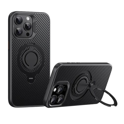 Funda de Teléfono Magsafe Fibra de Carbono para iPhone 15 Pro Max con Soporte Giratorio de 360 Grados (Negro)