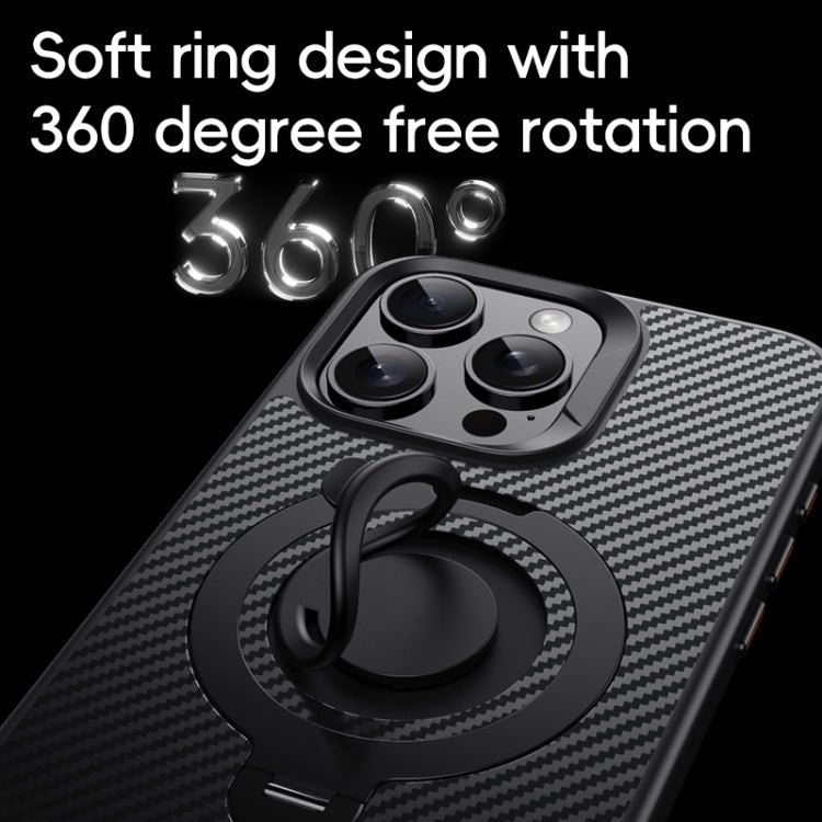 Funda de Teléfono Magsafe Fibra de Carbono para iPhone 15 Pro Max con Soporte Giratorio de 360 Grados (Negro)