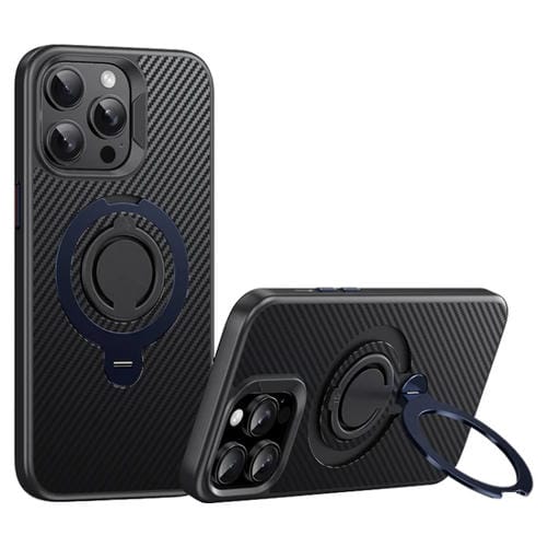 Funda de Teléfono Magsafe Fibra de Carbono para iPhone 14 Pro con Soporte Giratorio de 360 Grados (Negro y Azul)