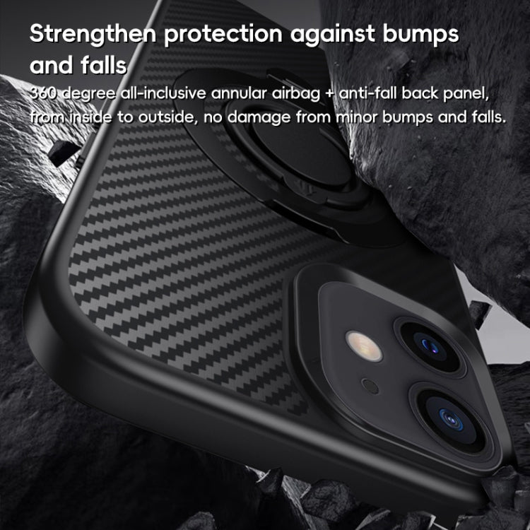 Funda de Teléfono Magsafe Fibra de Carbono para iPhone 12/12 Pro con Soporte Giratorio 360 (Negro y Azul)