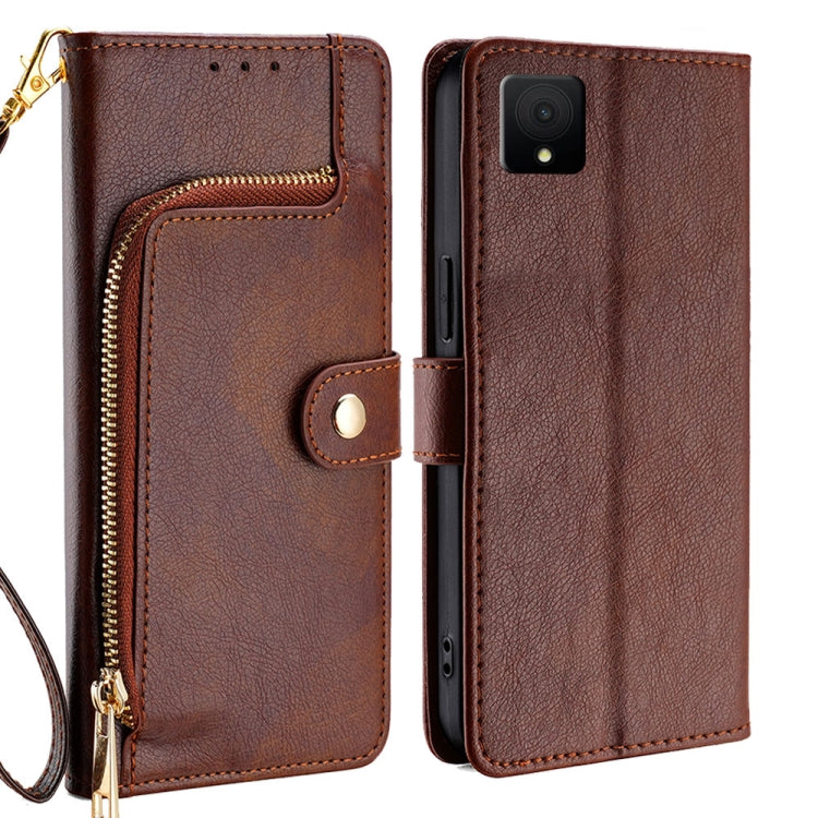 Funda de Cuero con Cremallera para Teléfono TCL 502 (Marrón)