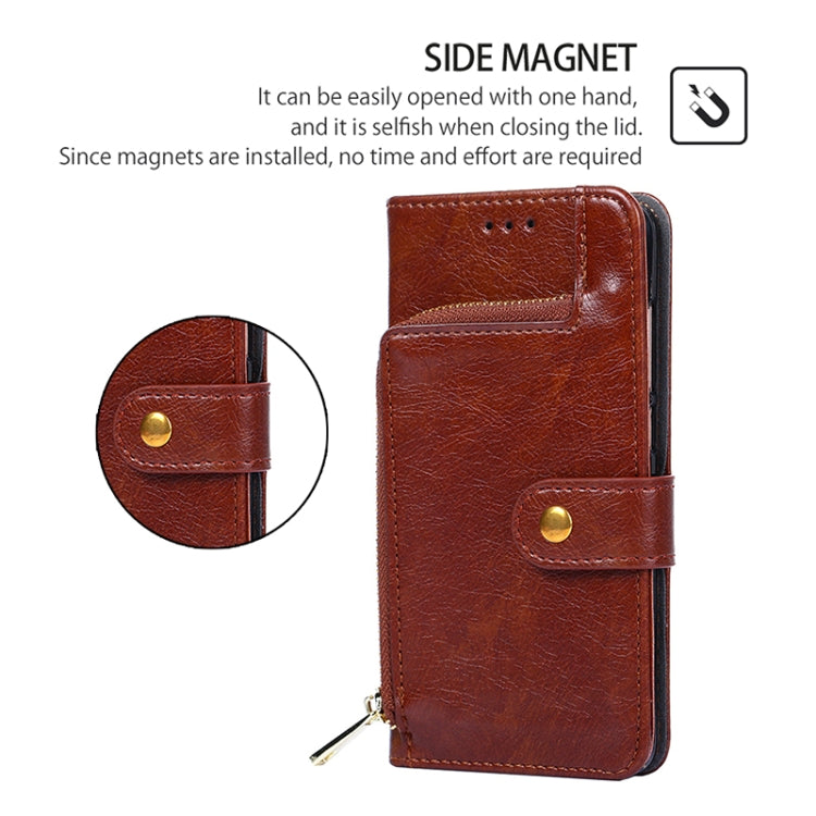 Funda de Cuero con Cremallera para Teléfono TCL 502 (Marrón)
