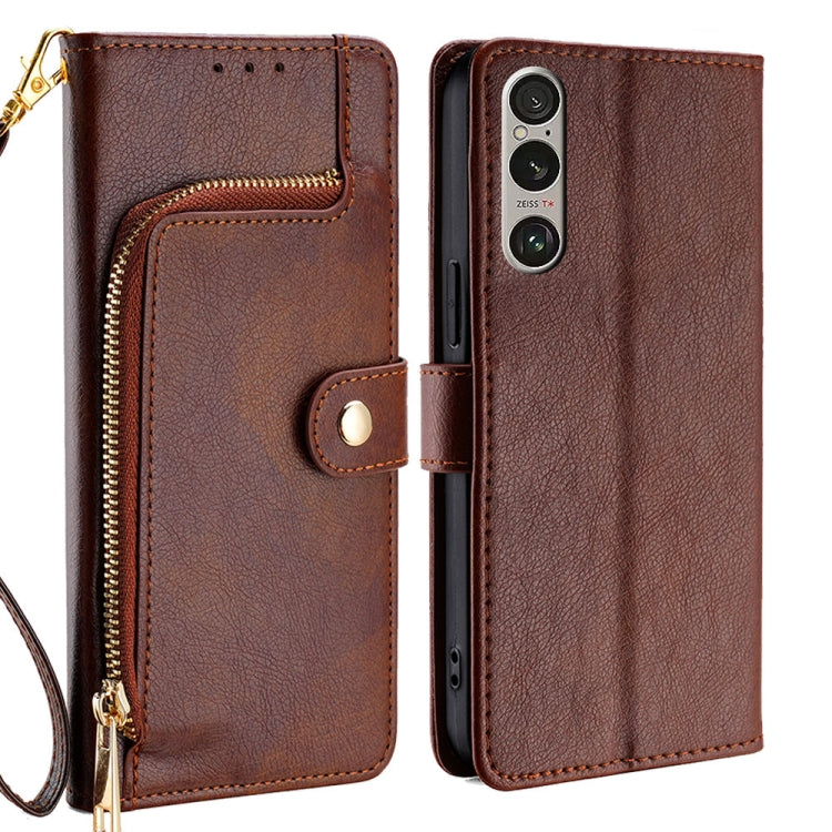 Funda de Cuero con Cremallera para Teléfono Sony Xperia 1 Vi (Marrón)