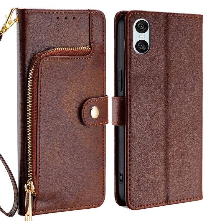 Funda de Cuero con Cremallera para Teléfono Sony Xperia 10 Vi (Marrón)