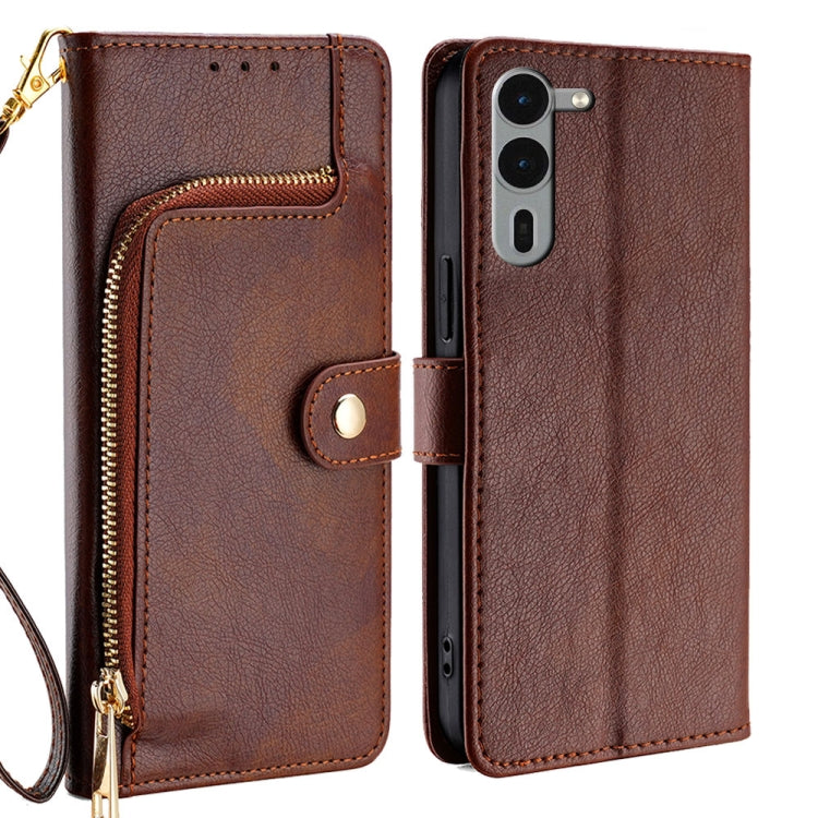 Funda de Cuero con Cremallera para Teléfono Fujitsu Arrows We2 Plus (Marrón)