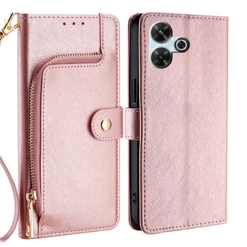 Funda de Cuero con Cremallera para Redmi 13 4G (Oro Rosa)