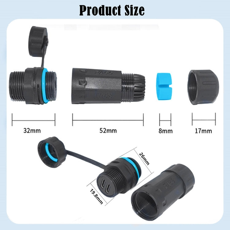 Adaptador Acoplador Recto Hembra a Hembra Tipo C de Dos Puertos Resistente al Agua IP68 10 Gbps con Cubierta Protectora