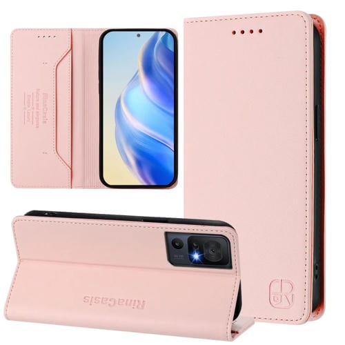 Funda de Cuero para Teléfono TCL 40 Se Rc01 con Doble Pliegue y Succión Magnética Rfid (Rosa)
