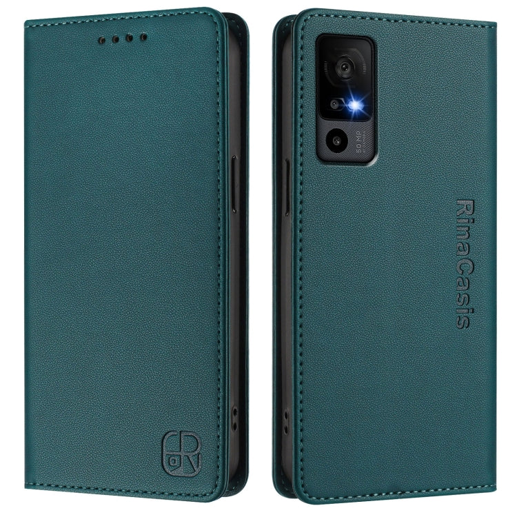 Funda de Cuero para TCL 40 R 5G Rc01 con Doble Pliegue y Succión Magnética Rfid (Verde Oscuro)