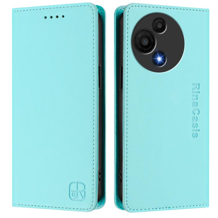Funda de cuero con doble pliegue y succión magnética RFID para TCL 605/60 SE RC01 (verde menta)
