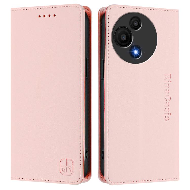 Funda de cuero con doble pliegue y succión magnética RFID para TCL 605/60 SE RC01 (rosa)