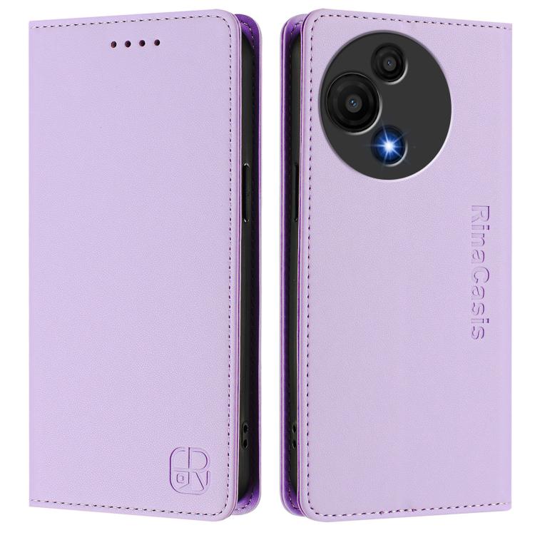 Funda de cuero con doble pliegue y succión magnética RFID para TCL 605/60 SE RC01 (morado claro)