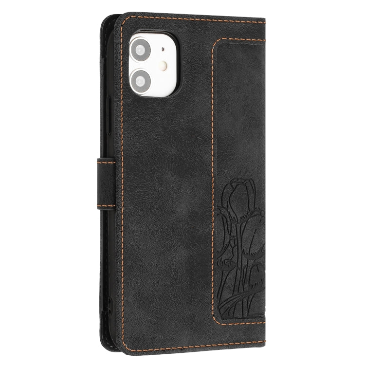 Funda de Piel con Relieve de Tulipanes para iPhone 12 Mini con Cordón (Negro)