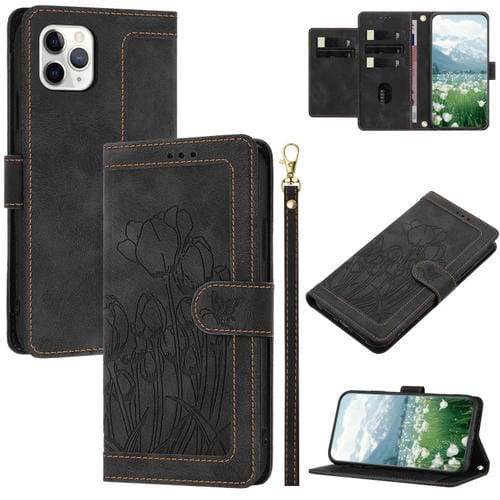 Funda de piel con relieve de tulipanes para iPhone 11 Pro Max con cordón (Negro)