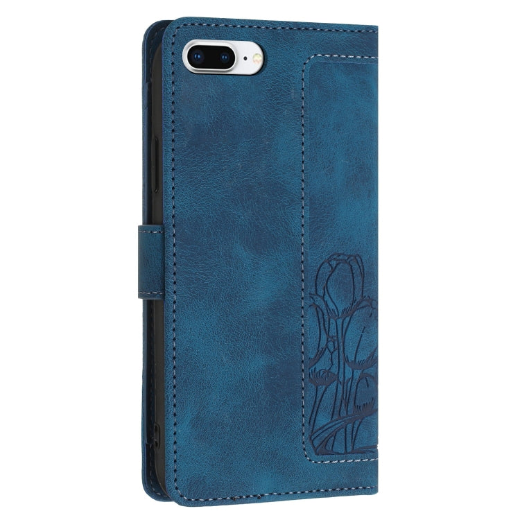 Funda piel con relieve tulipanes para iPhone 8 Plus/7 Plus con cordón (Azul)