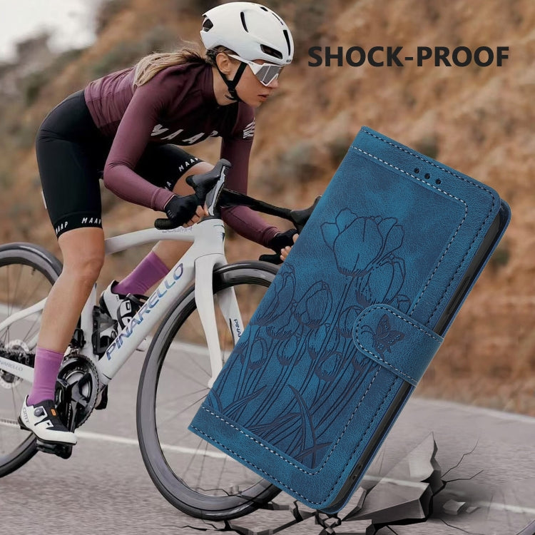 Funda piel con relieve tulipanes para iPhone 8 Plus/7 Plus con cordón (Azul)