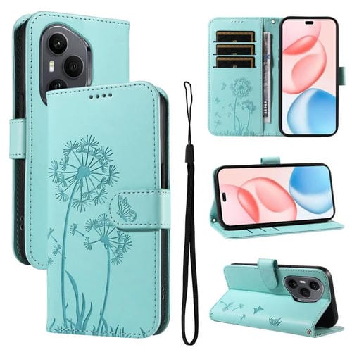 Funda de cuero con tapa y diseño de diente de león en relieve para Honor 400 Pro Global (160,8 mm) (verde)