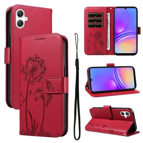 Funda de cuero con tapa y estampado de diente de león para Samsung Galaxy A07 5G (roja)
