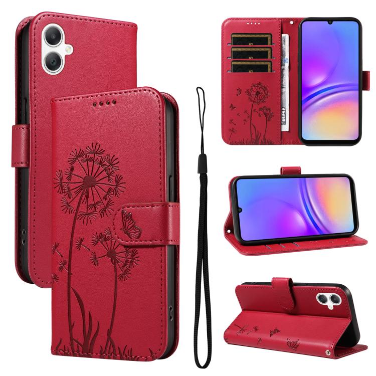 Funda de cuero con tapa y estampado de diente de león para Samsung Galaxy A07 5G (roja)