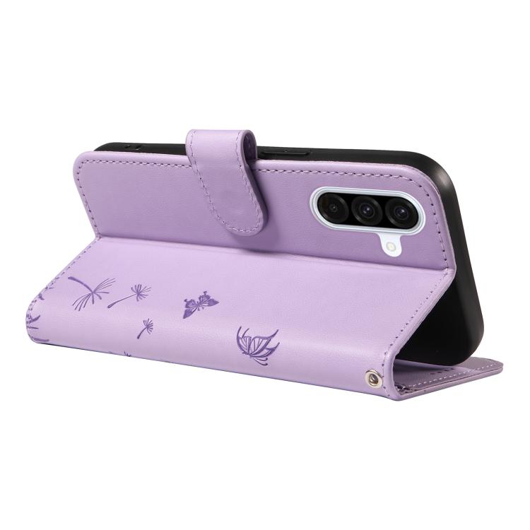 Funda de cuero con tapa y estampado de diente de león para Samsung Galaxy A36 5G (morado)