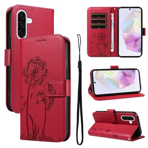 Funda de cuero con tapa y estampado de diente de león en relieve para Samsung Galaxy A36 5G (roja)