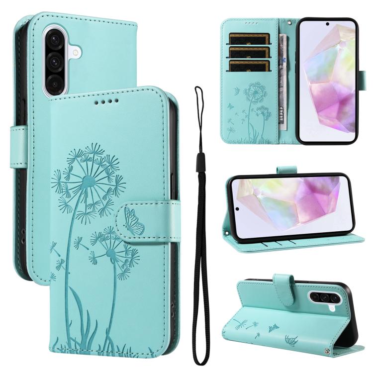 Funda de cuero con tapa y estampado de diente de león en relieve para Samsung Galaxy A56 5G (verde)