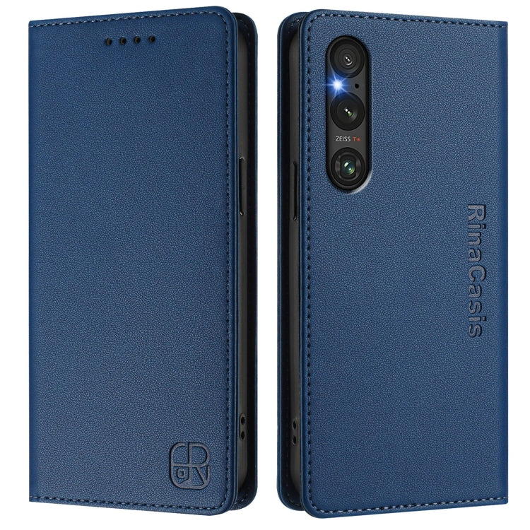 Funda de Cuero para Sony Xperia 1 V 2023 Rc01 con Doble Pliegue y Succión Magnética (Azul Oscuro)