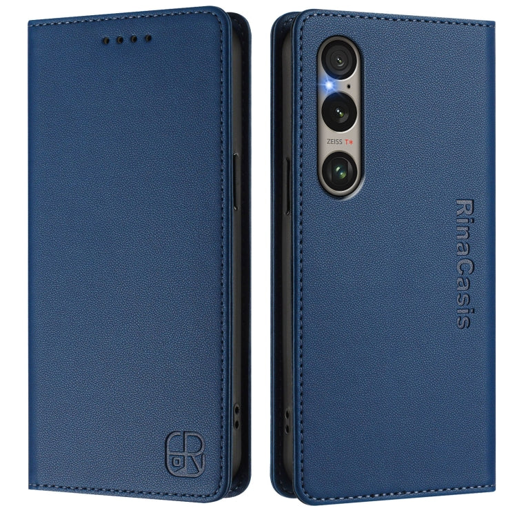 Funda de Cuero para Sony Xperia 1 Vi (2024) con Doble Pliegue y Succión Magnética Rfid (Azul Oscuro)