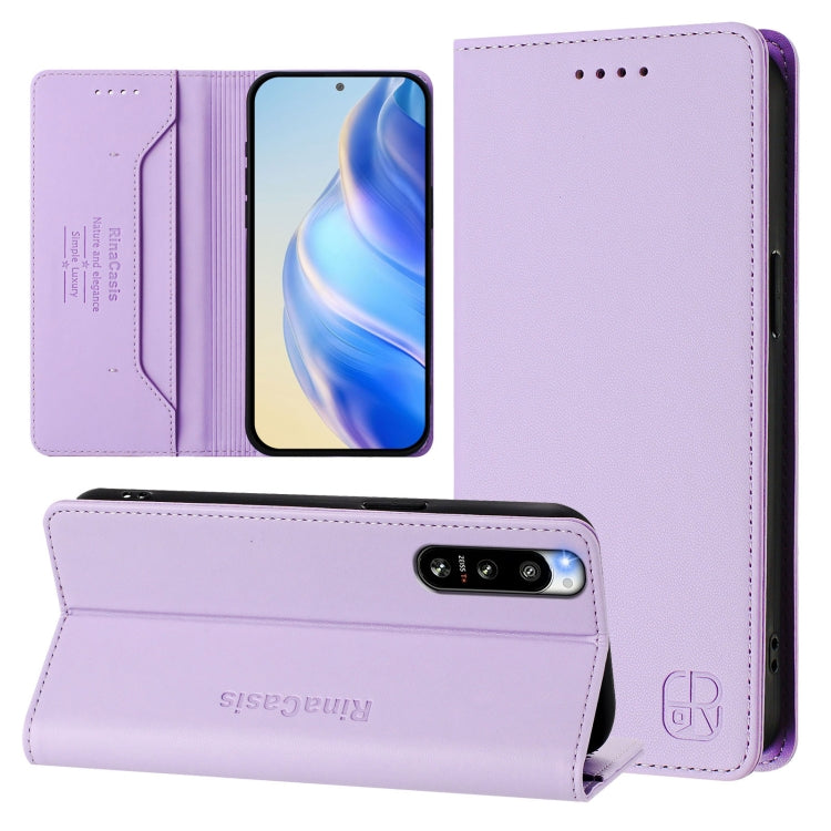 Funda de Cuero con Doble Pliegue y Succión Magnética RFID para Sony Xperia 5 IV RC01 (Morado Claro)