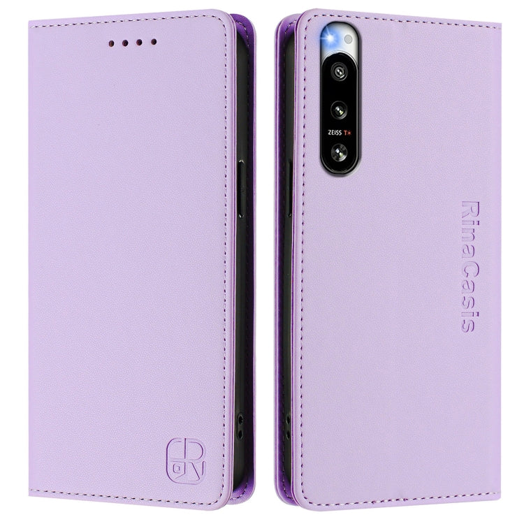 Funda de Cuero con Doble Pliegue y Succión Magnética RFID para Sony Xperia 5 IV RC01 (Morado Claro)