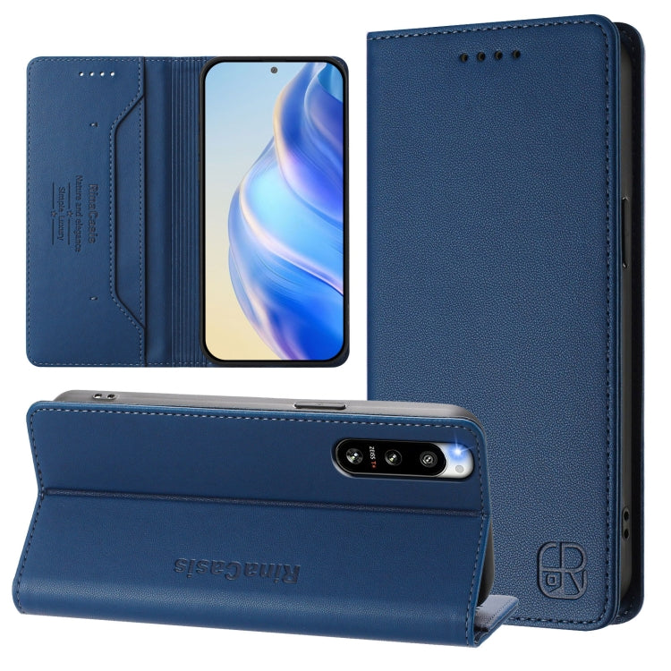 Funda de Cuero para Sony Xperia 5 IV RC01 con Doble Pliegue y Succión Magnética RFID (Azul Oscuro)