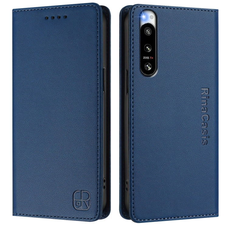Funda de Cuero para Sony Xperia 5 IV RC01 con Doble Pliegue y Succión Magnética RFID (Azul Oscuro)