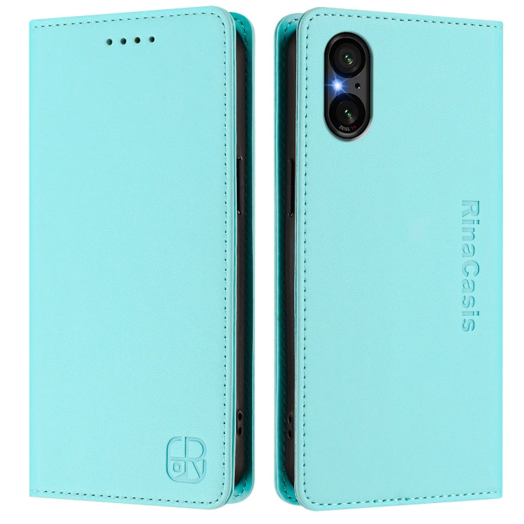 Funda de Cuero con Doble Pliegue y Succión Magnética RFID para Sony Xperia 5 V Rc01 (Verde Menta)