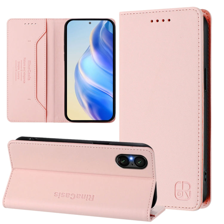 Funda de Cuero Doble Pliegue Succión Magnética RFID para Sony Xperia 5 V Rc01 (Rosa)