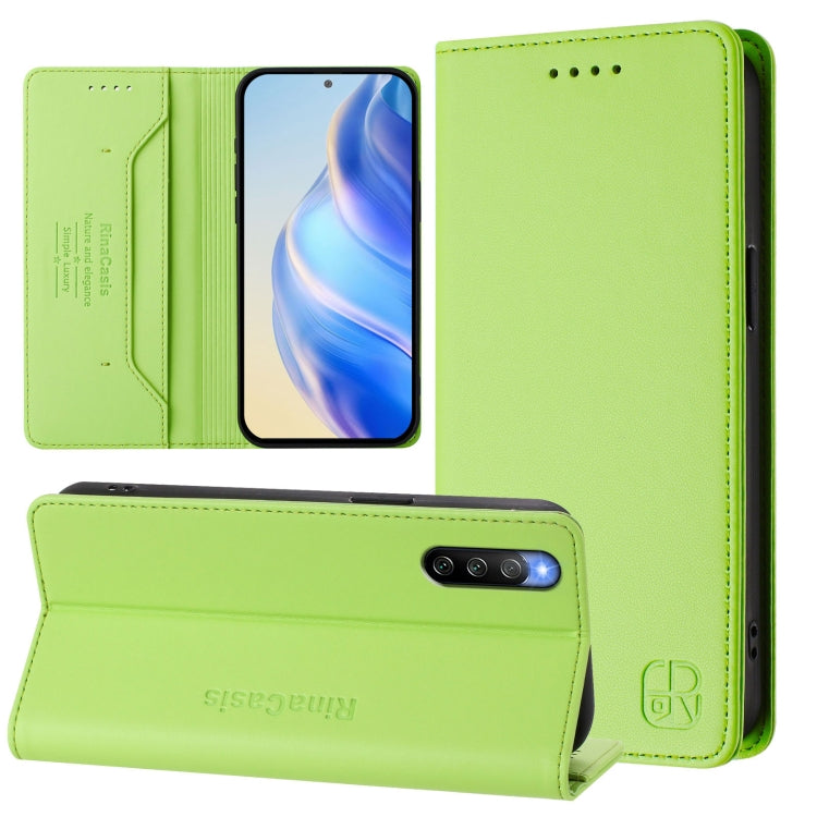 Funda de Cuero para Sony Xperia 10 IV RC01 con Doble Pliegue y Succión Magnética RFID (Verde)