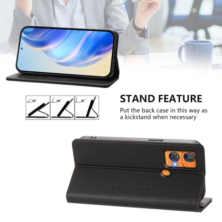 Funda de Cuero Rfid con Doble Pliegue y Succión Magnética para Oukitel C33 Rc01 (Negra)