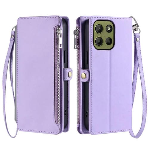 Funda para Teléfono Motorola Moto G15 con Cremallera y Ranura para Tarjetas (Morado)