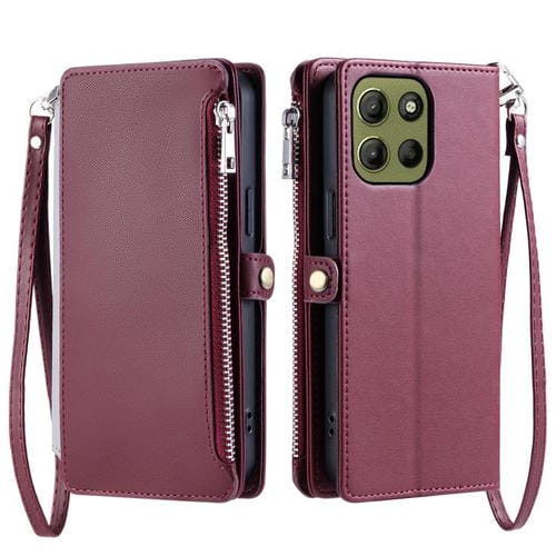 Funda para Teléfono Motorola Moto G15 con Cremallera y Ranura para Tarjetas (Rojo Vino)