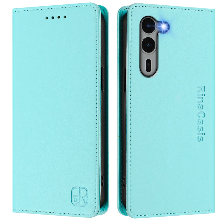 Funda Cuero RFID con Doble Pliegue y Succión Magnética para Fujitsu Arrows We2 Plus / F-51E Rc01 (Verde Menta)