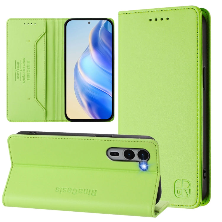 Funda de Cuero Rfid para Fujitsu Arrows We2 Plus / F-51E Rc01 con Doble Pliegue y Succión Magnética (Verde Hierba)