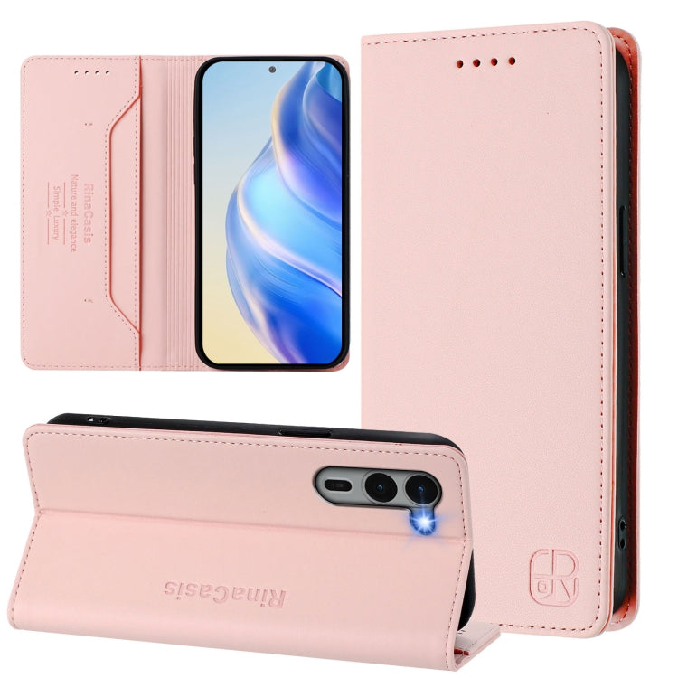 Funda de Cuero Rfid para Fujitsu Arrows We2 Plus F-51E Rc01 con Doble Pliegue y Succión Magnética (Rosa)