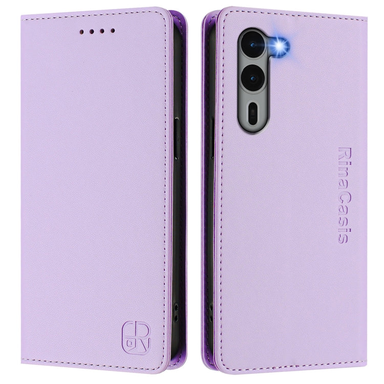 Funda de Cuero Rfid con Doble Pliegue y Succión Magnética para Fujitsu Arrows We2 Plus / F-51E Rc01 (Morado Claro)
