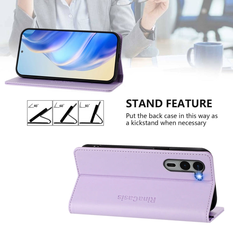 Funda de Cuero Rfid con Doble Pliegue y Succión Magnética para Fujitsu Arrows We2 Plus / F-51E Rc01 (Morado Claro)