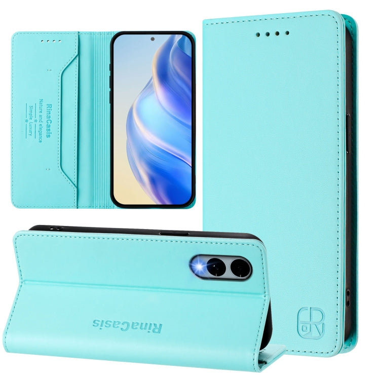 Funda de Cuero con Doble Pliegue y Succión Magnética Rfid para Fujitsu Arrows We2 F-52E Rc01 (Verde Menta)