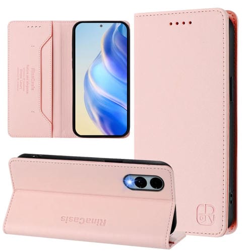 Funda de Cuero para Teléfono Fujitsu Arrows We2 F-52E Rc01 con Doble Pliegue y Succión Magnética Rfid (Rosa)