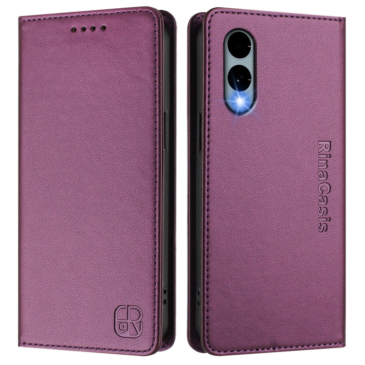 Funda de Cuero Rfid para Teléfono Fujitsu Arrows We2 F-52E Rc01 con Doble Pliegue y Succión Magnética (Violeta)