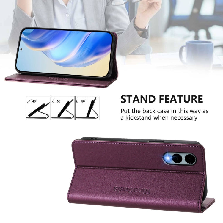 Funda de Cuero Rfid para Teléfono Fujitsu Arrows We2 F-52E Rc01 con Doble Pliegue y Succión Magnética (Violeta)