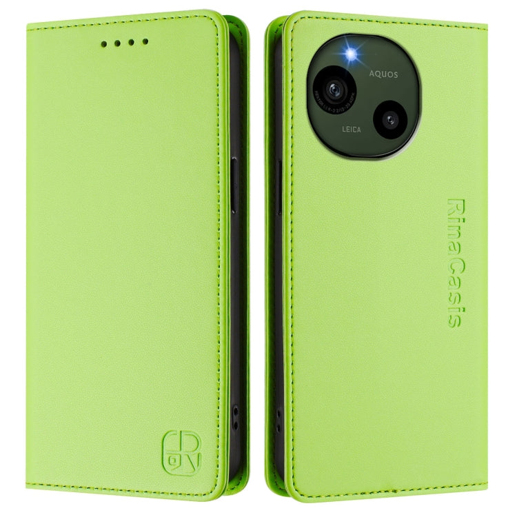 Funda de Cuero Rfid para Sharp Aquos R9 Sh-51E Rc01 con Doble Pliegue y Succión Magnética (Verde Hierba)