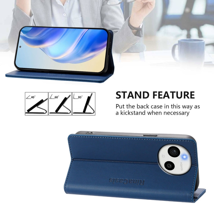 Funda de Cuero con Doble Pliegue y Succión Magnética RFID para Sharp Aquos Sense9 Plus Rc01 (Azul Oscuro)