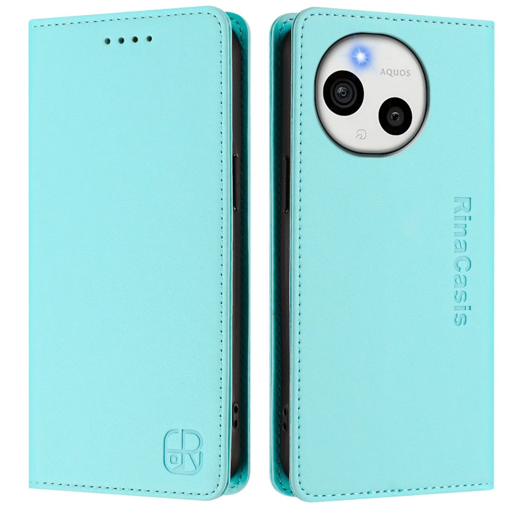 Funda de Cuero Rfid para Sharp Aquos Sense9 Rc01 con Doble Pliegue y Succión Magnética (Verde Menta)